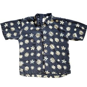 Burka Bibas 100% Silk Floral Print Short Sleeve Shirt Men XXL Navy Indie Coastal